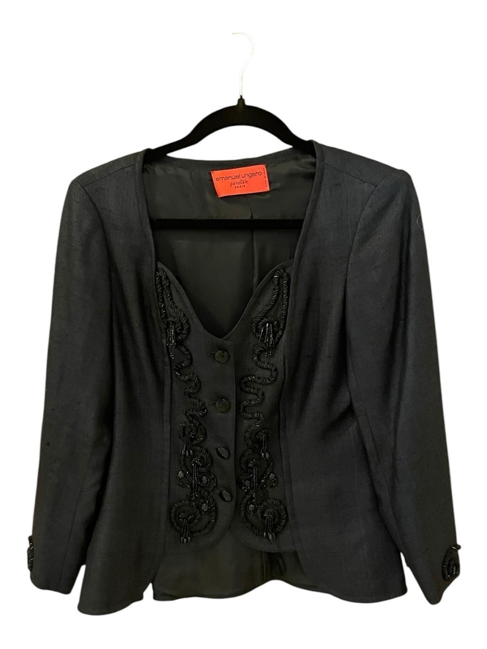 Vintage Emanuel Ungaro Paris Black Beaded F Blazer/Jacket Sweetheart Neckline